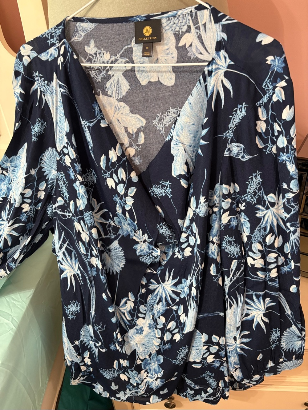 New in Package JM Collection Navy Floral Wrap-Style Blouse